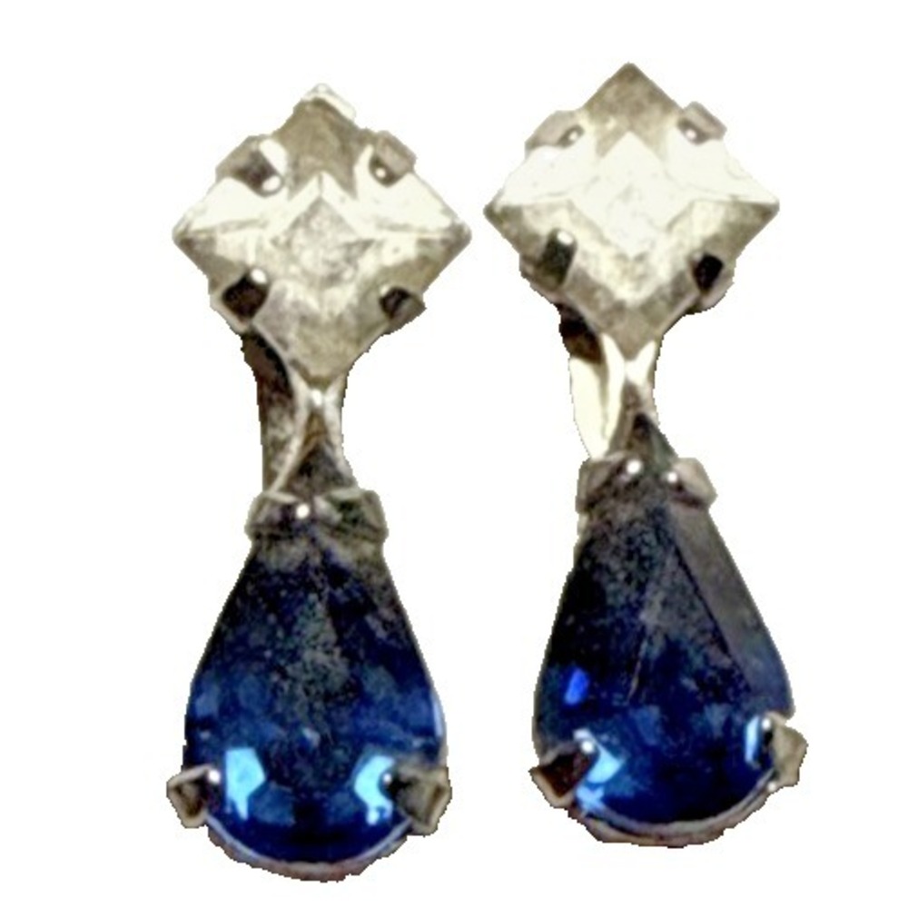 Screw back Silver Tone Blue Rhinestone Earrings Vtg -6O